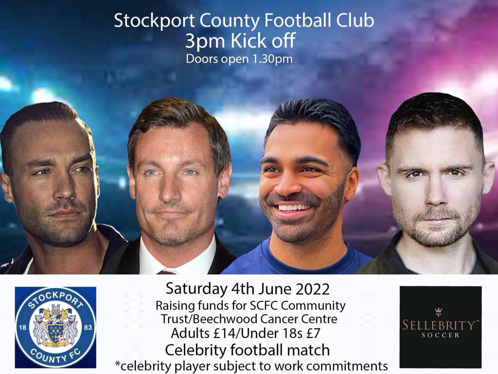 Sellebrity_UK's tweet photo. 📆 SATURDAY 4TH JUNE 2022
📍Stockport County FC 

Book your tickets for our huge celebrity match at @StockportCounty 

Raising funds for @Beechwoodccc  @SCFCCommunity 

Sponsors @lynxtaxis @OdinRec 

Book tickets here 👇 https://t.co/xEl9DUz9rk ⚽️ https://t.co/vyat3honGH