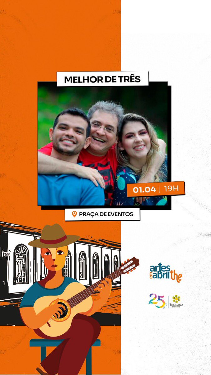 TeresinaShopp's tweet photo. Sexta, dia 01.04  tem muita música no #Teresina 🧡 O Grupo Melhor de Três, com Flávio Moura, Soraya Castello Branco e João Cláudio Moreno, se apresentam às 19H na estreia do #ArtesEmAbrilThe 🎼

Gostou? Já marca o @ que não vai perder esse espetáculo! 🤩
Dia 01 de abril às 19H https://t.co/sRA3RSSWDK