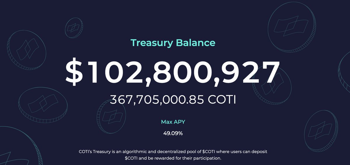 We are happy to share an amazing milestone for the COTI Treasury: A total balance of over 100 million dollars has been deposited!

Read here how to participate in the COTI Treasury: medium.com/cotinetwork/a-…

$COTI