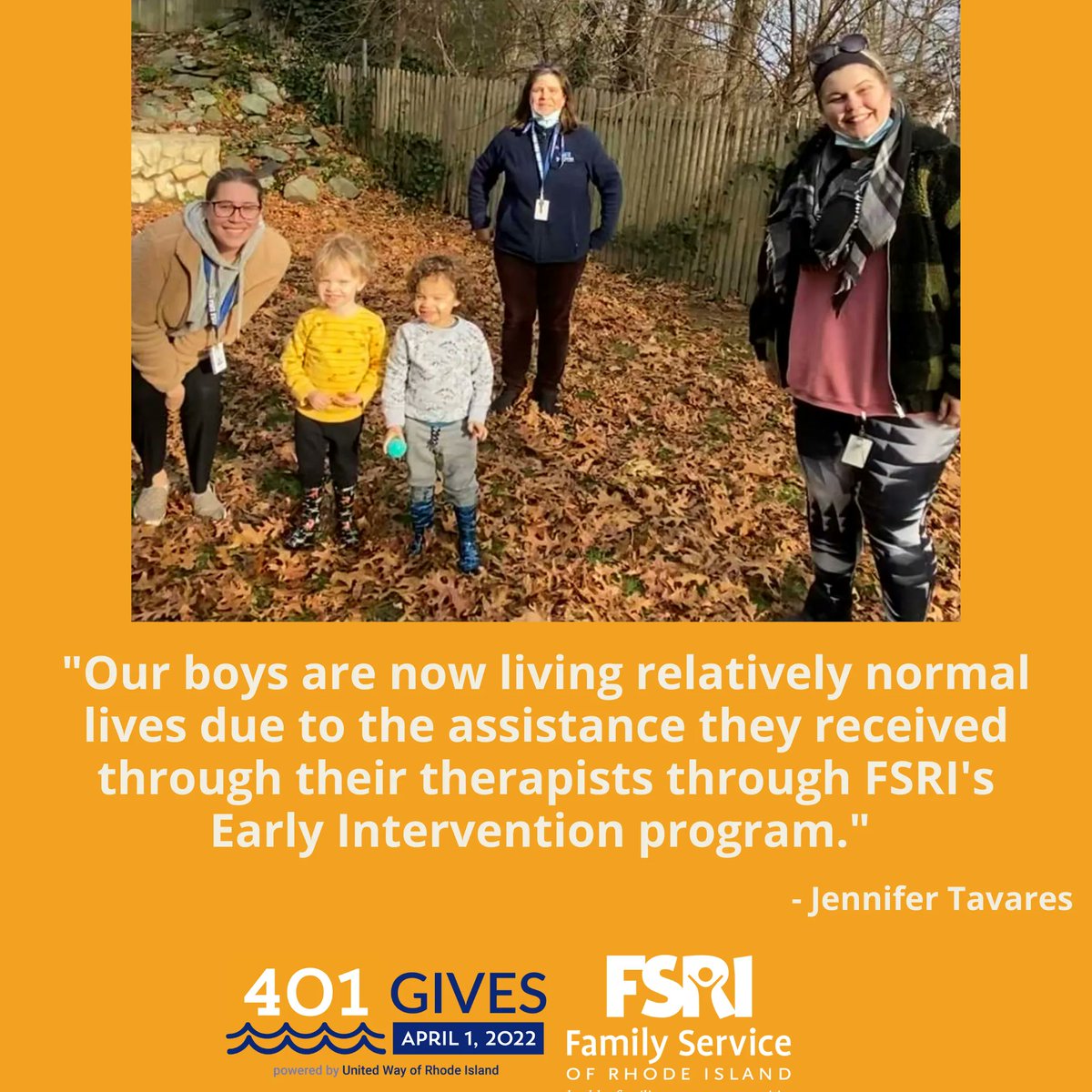 FamilyServiceRI's tweet photo. Our #401Gives fundraiser hopes to raise $100,000 for #FSRI's #EarlyChildhoodDevelopment programs, for kids from birth to age 3, like Jennifer's sons. Give #RhodeIsland babies and kids what they need to survive & thrive. Donate: https://t.co/2KqblL6FlA #401GivesDay #UnitedWayRI https://t.co/gAvpfdHWVy