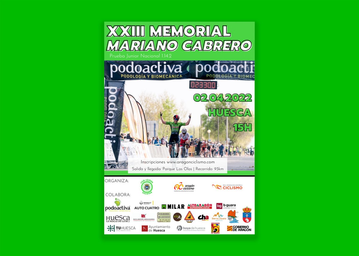 ¡2 DÍAS PARA EL 'XXIII MEMORIAL MARIANO CABRERO'!
Prueba junior valedera para el ranking de 
<a href="/RFECiclismo/">Real Federación Española de Ciclismo</a>
↔️ 93 KM (Huesca - Huesca)
🕒 15:00 - C/ Zaragoza, nº 43
🏁 17:00 - C/ Zaragoza, nº 43

🗞 Presentación: clubciclistaoscense.es/presentada-la-……
📋 Guía técnica: yosoyciclista.s3.amazonaws.com/.../doc...