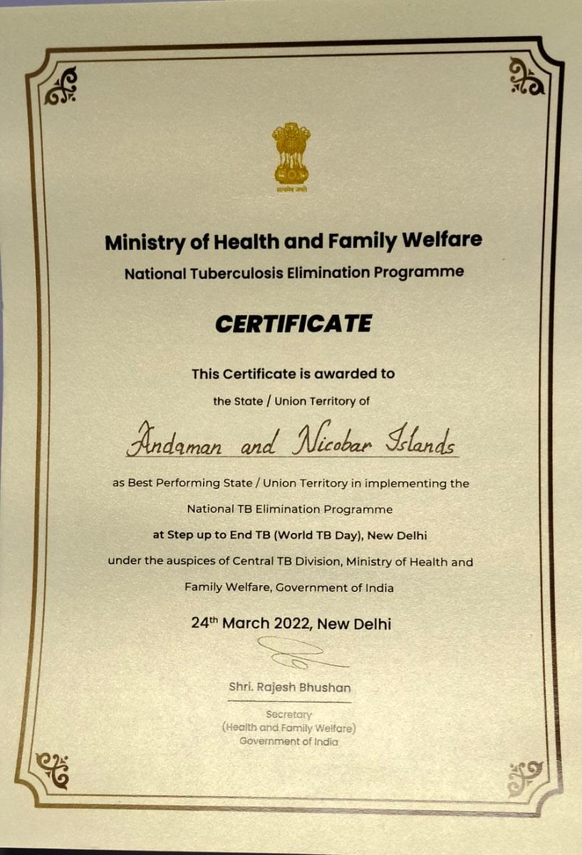 ANUpdates1's tweet photo. A&N Islands stood 2nd among the UTs and overall 6th in the country with a TB score of 81.29. The award was given by MoHFW on the occasion of World TB Day 2022 at New Delhi. #WorldTBDay2022 https://t.co/2arlYDHNGb