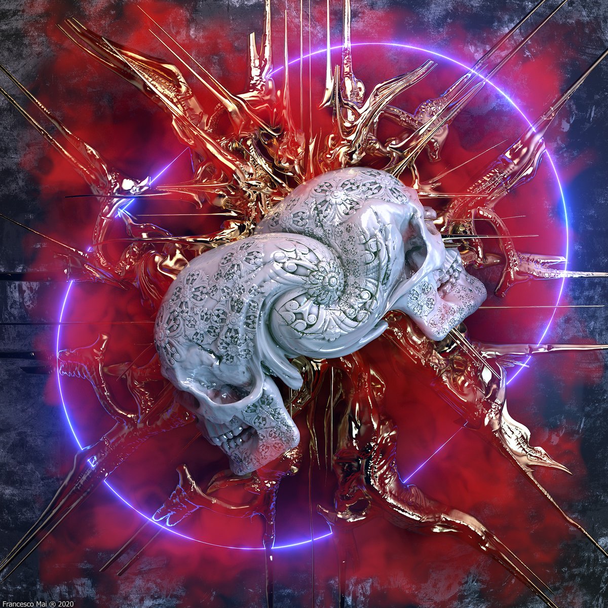 francescomai3d's tweet photo. "Cyber-reliquary for the bicephalous creature".
The flesh rots, the spirit rots too. If you're lucky it remains a beautiful ornate skull(s). 3d digital artwork of 3d digital sculptures. 5.500 X 5.500 pixels.
#singledition #raredigitalart #cryptoart $RARE https://t.co/HmJ2Y20nwV