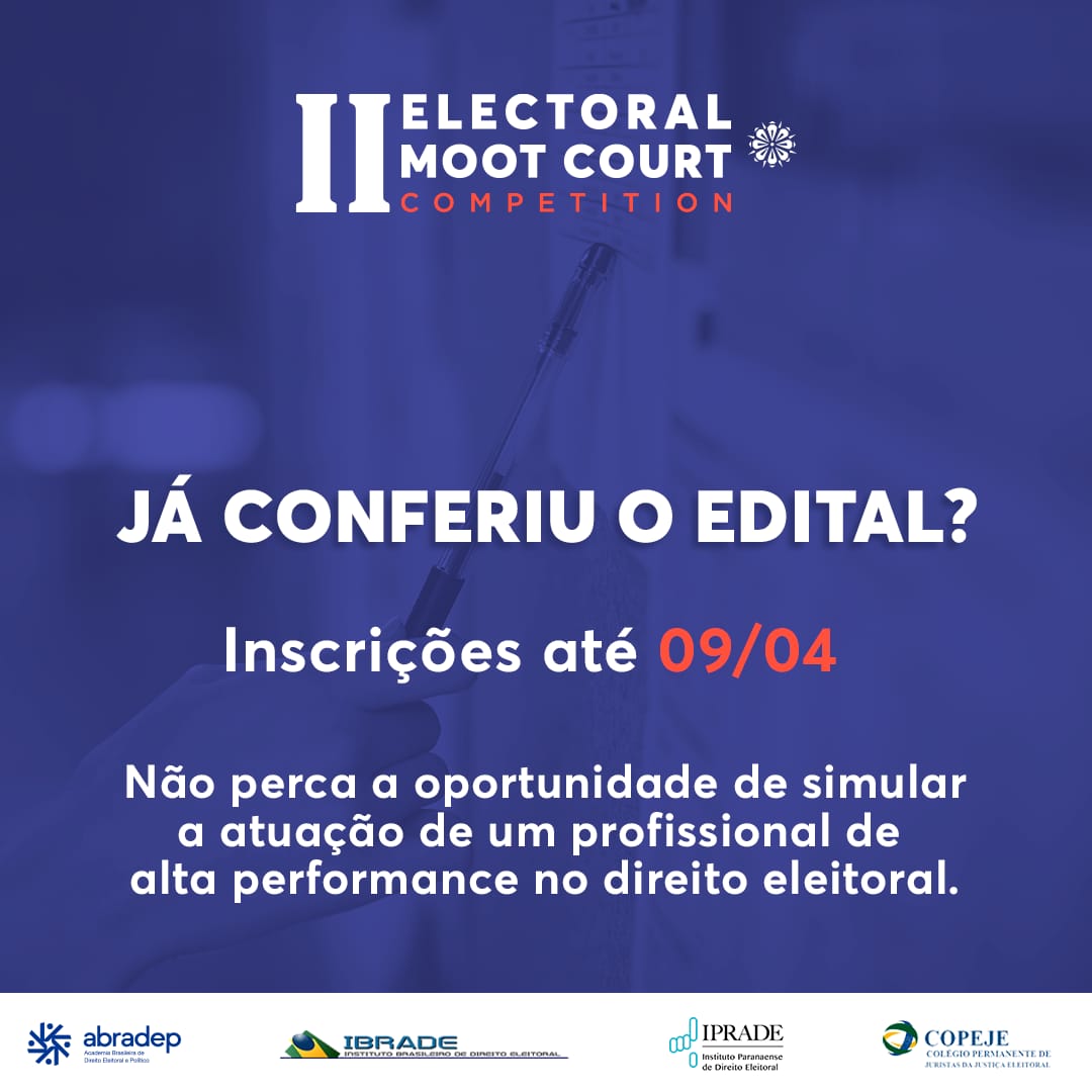AbradepO's tweet photo. Já conferiu o edital do II Electoral Moot Court Competition? As inscrições para o II EMOOT, realizado pela ABRADEP, @iprade_direito, @copejeoficial e o Instituto Brasileiro de Direito Eleitoral (IBRADE) vão até 09/04: https://t.co/UnCGNqIAU1
#ABRADEP #IPRADE #COPEJE #IBRADE https://t.co/N5wmmCKi8p