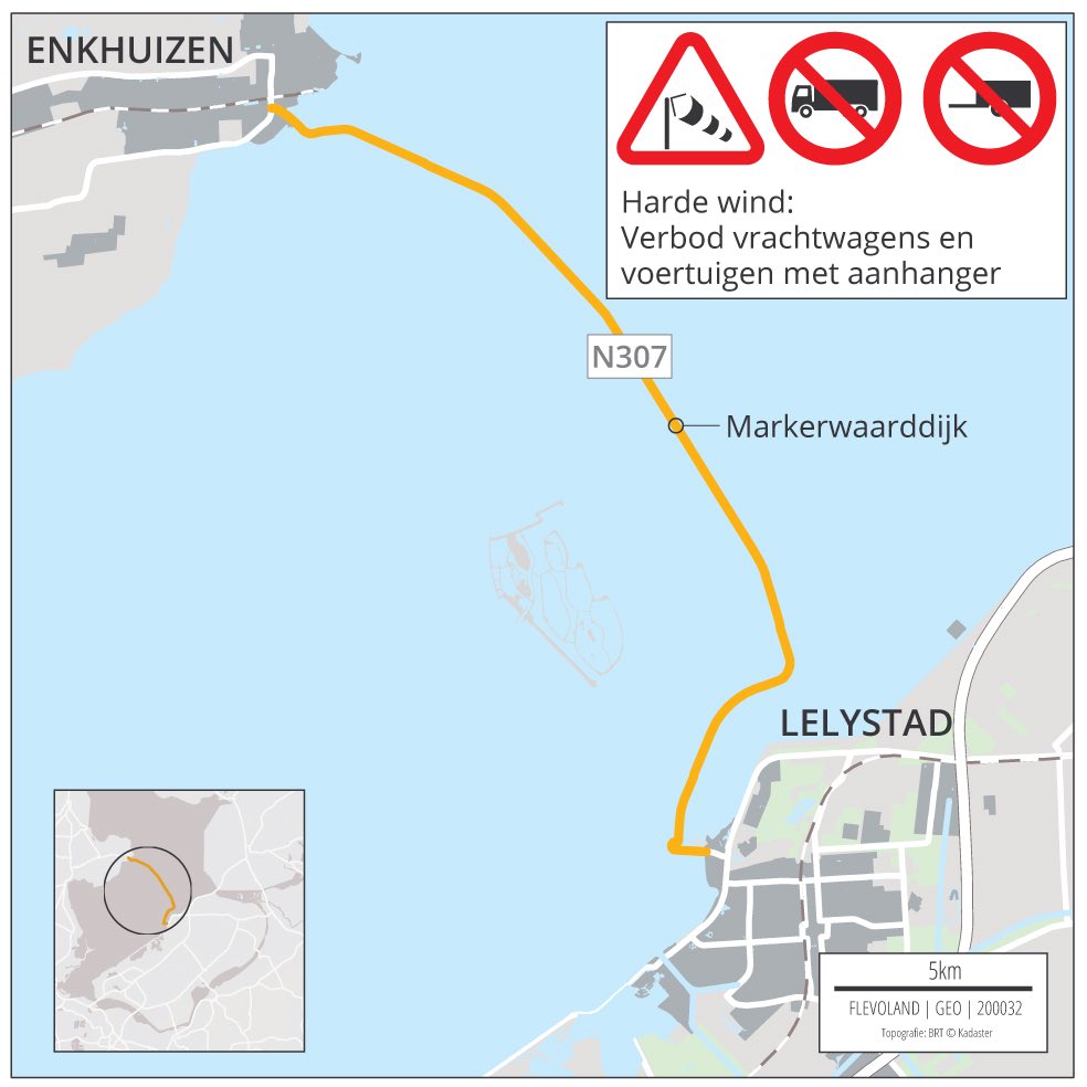 FlevoWegen's tweet photo. Door harde wind is op de N307 Markerwaarddijk een verbod van kracht voor vrachtwagens en wagens met aanhanger. Verbod duurt waarschijnlijk niet lang. 

#Enkhuizen #Lelystad #hardewind https://t.co/UQjDj0GSyc