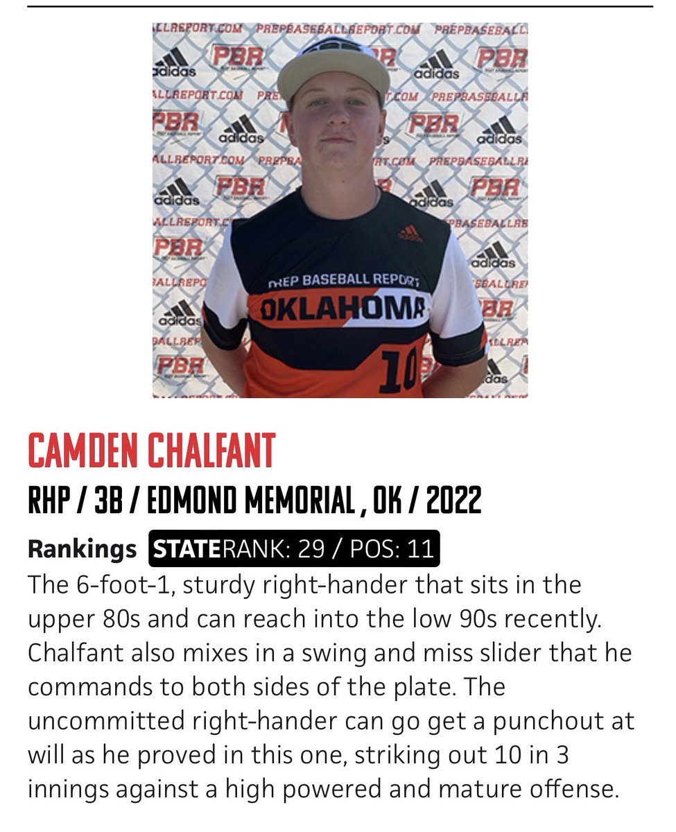 Nice write up from @PBR_Oklahoma on <a href="/CamdenChalfant/">Cam Chalfant</a> #uncommitted 2022 RHP <a href="/EMHSBaseball/">Edmond Memorial Baseball</a> ..! <a href="/Okcsandlot/">OKC Sandlot Baseball</a>