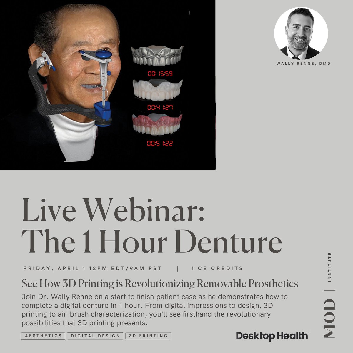 desktophealth's tweet photo. See how #3DPrinting is Revolutionizing #RemovableProsthetics. Join Dr. Wally Renne on a start to finish patient case as he demonstrates how to complete a #DigitalDenture in 1 hour.
https://t.co/wgpngYYmAB
#DesktopHealth #Webinar #DigitalDentistry #DigitalWorkflow #Dental https://t.co/dtdR9Cj6vt