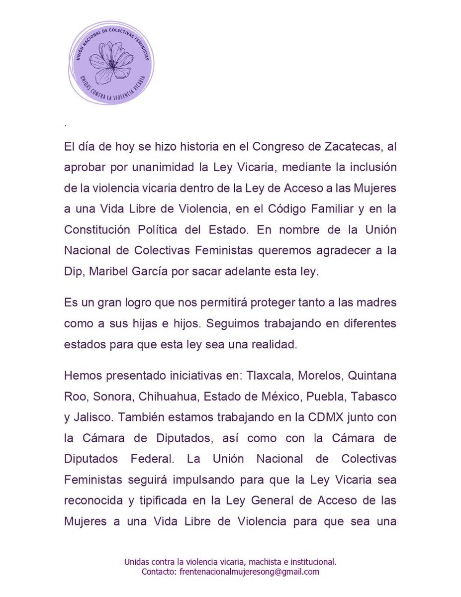 Mayruska22's tweet photo. La “Unión Nacional de Colectivas Feministas” agradece al Congreso de Zacatecas por aprobación #leyvicaria ¡ Unidas hicimos historia! #violenciavicaria 
#Mexico 🇲🇽 https://t.co/4v2idzCk8a