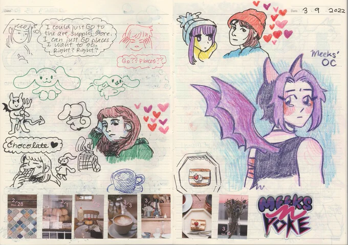 Sketchbook spread featuring fan art of @meeksnpoke's OC. Also self portraits and Shima Rin. 