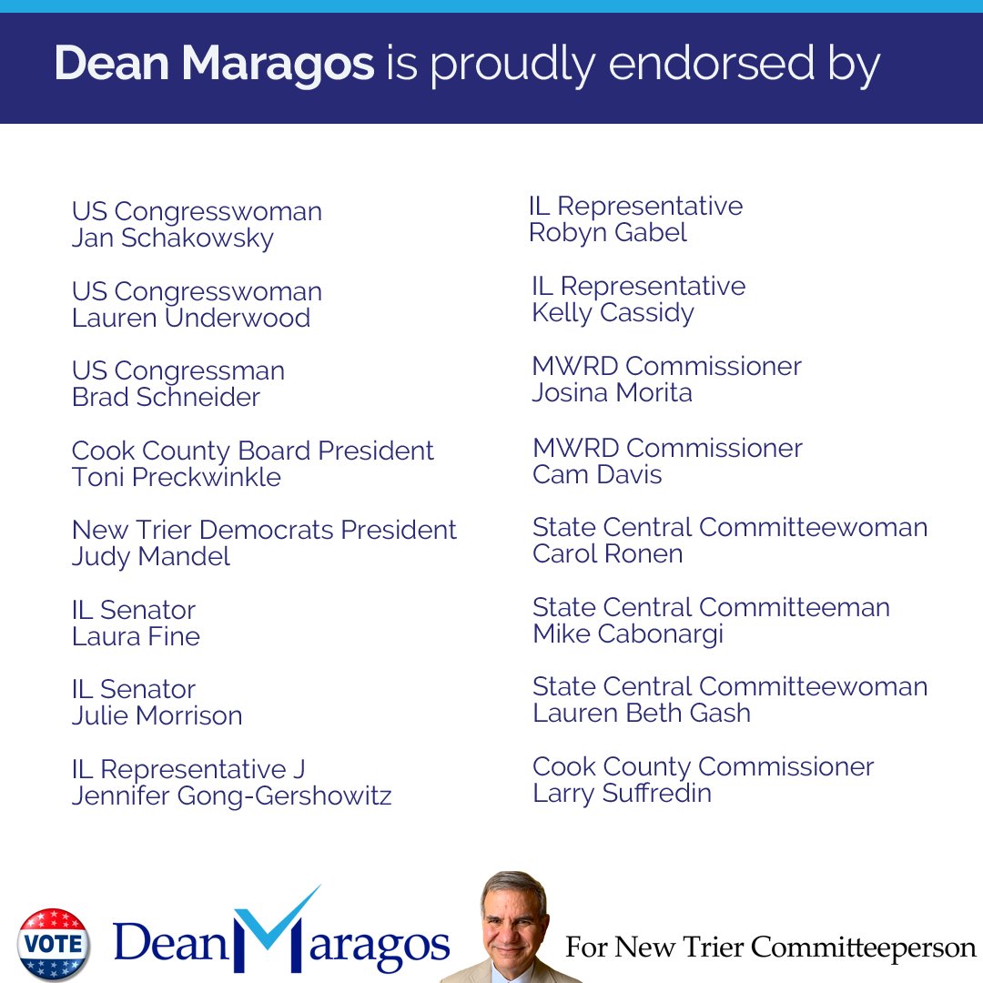 DeanforNewTrier's tweet photo. I am honored to have the support of these elected Democrats.
#IllinoisDemocrats #ILDems #CookCountyDemocrats #CookCountyDems https://t.co/PkH7MdNbGR