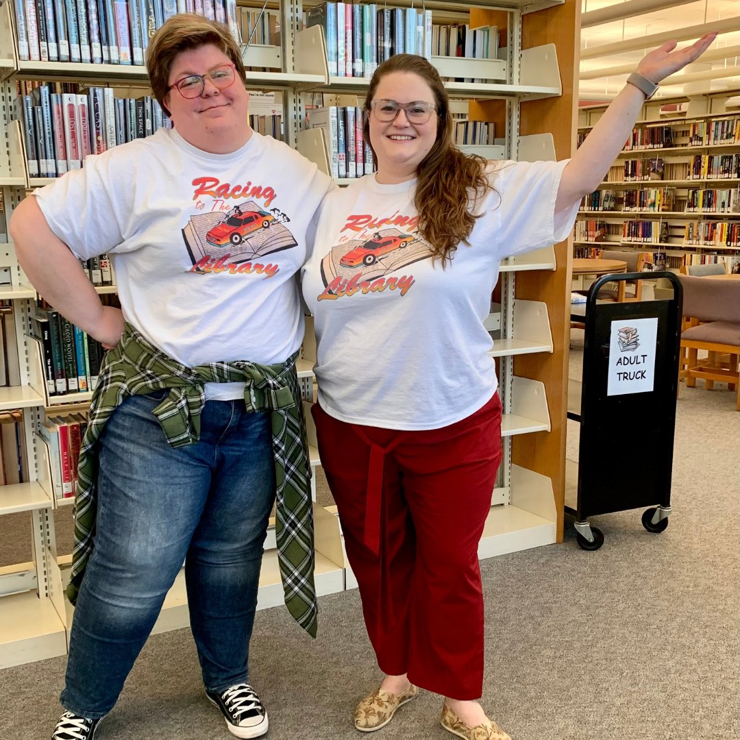 We're so excited to be open, we just had to race to the library in our matching shirts! #twinning #libraryshirt #inkwellthreads