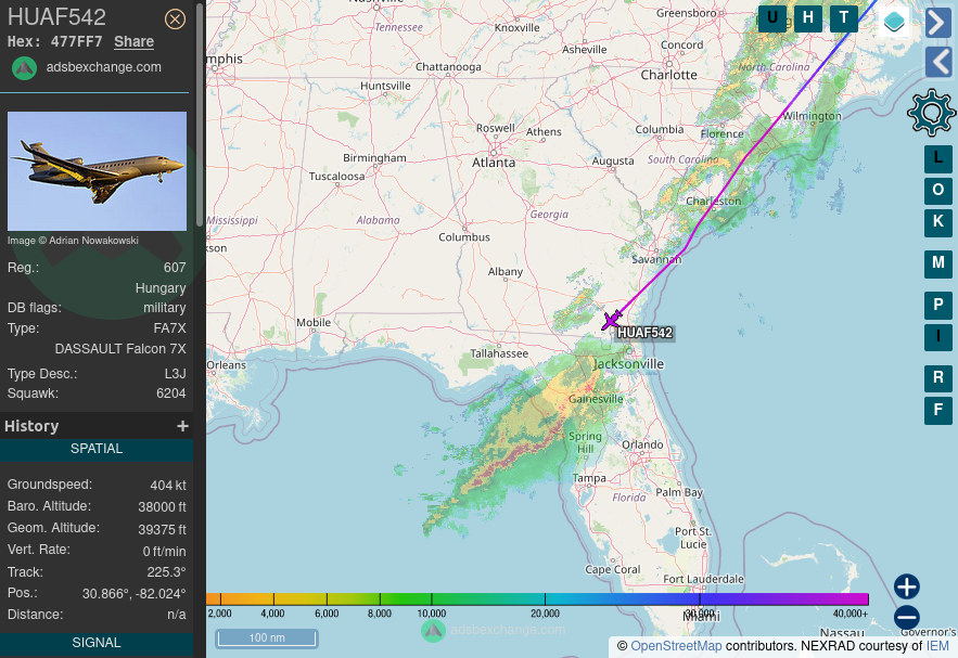 TheIntelFrog's tweet photo. Hungarian Air Force Dassault Falcon 7X #477FF7 as HUAF542 out of Norfolk, VA is southbound across Florida. https://t.co/MSGGcJGMex