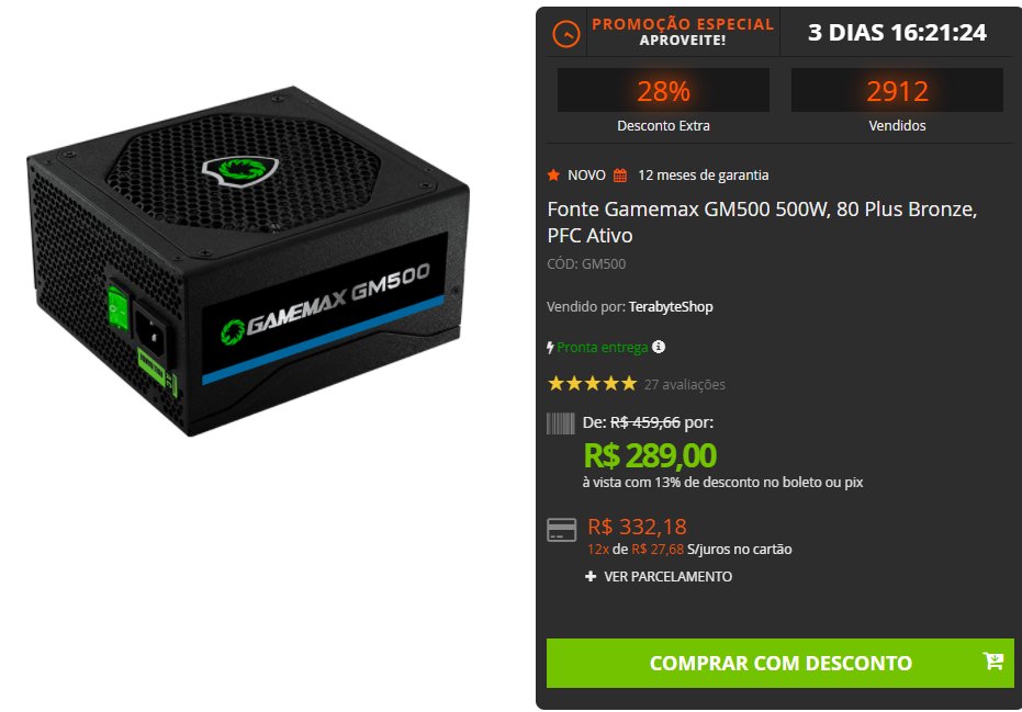 Terabyte on X: 🚨 OFERTA!!! 🚨 Fonte Gamemax GM500 500W, 80 Plus Bronze,  PFC Ativo Por apenas: R$289,00😍 ou 12x de R$27,68 sem juros 💳 🛒 Link da  compra:   /