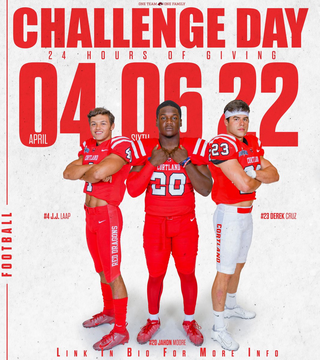 CortlandFB's tweet photo. Only 1 week until Challenge Day 2022! 

Thank you to all those who donated in support of Cortland Football last year!

Click the link in our bio for more info on how you can give this year!

#DragonRising https://t.co/zJ3knX3UYg