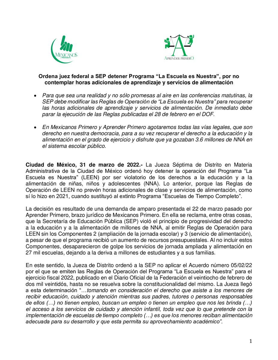 Mexicanos1o's tweet photo. Derivado de una demanda de amparo de Aprender Primero, la Jueza Séptima de Distrito en Materia Administrativa de la CDMX ordenó hoy detener la operación de "La Escuela es Nuestra", por ser violatorio de los derechos de la educación y a la alimentación de NNA https://t.co/87wZpFUXxI