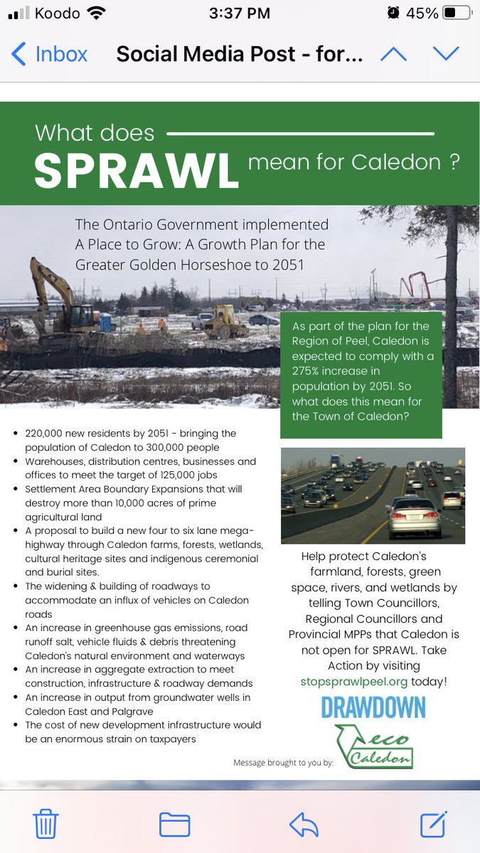 ecoCaledon's tweet image. Help protect Caledon’s farmland, forests, green space, rivers, and wetlands by telling Town Councillors, Regional Councillors and Provincial MPPs that Caledon is not open for SPRAWL. Take Action by visiting stopsprawlpeel.org today!
