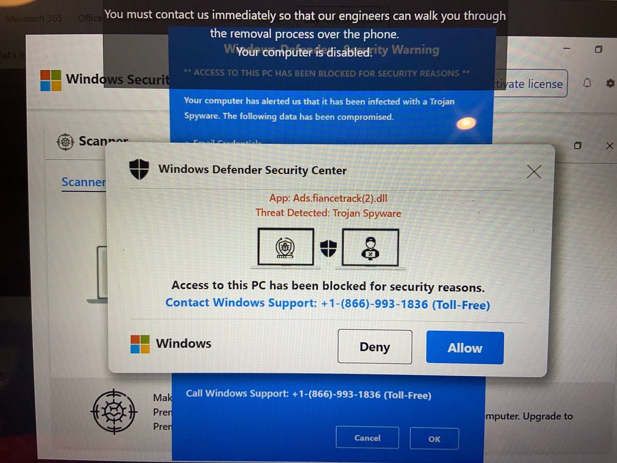 ITS_LDSB's tweet photo. We received multiple alerts from staff and the community about Trojan Spyware #Alert #Scam. This is #Fake. please don't call the phone number. do the following:
1. Take a photo of the alert
2. Force shut down your computer 
3. Contact @ITS_LDSB by phone or email 
#CyberSecurity https://t.co/lm9UbAv22B