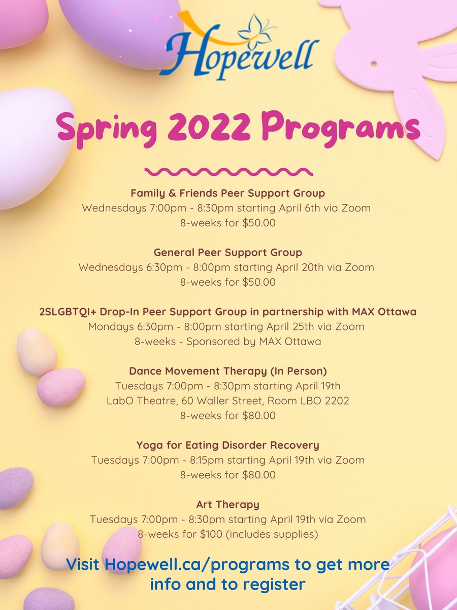 HopewellOttawa's tweet photo. Our spring programming is now open for registration! Go to https://t.co/L57zCJ5SJu to register!
.
.
.
#supportgroups #ottawasupportgroups #eatingdisorderrecovery #eatingdisorderhelp #mentalhealthhelp #mentalhealthrecovery https://t.co/qyY1FnyRN2