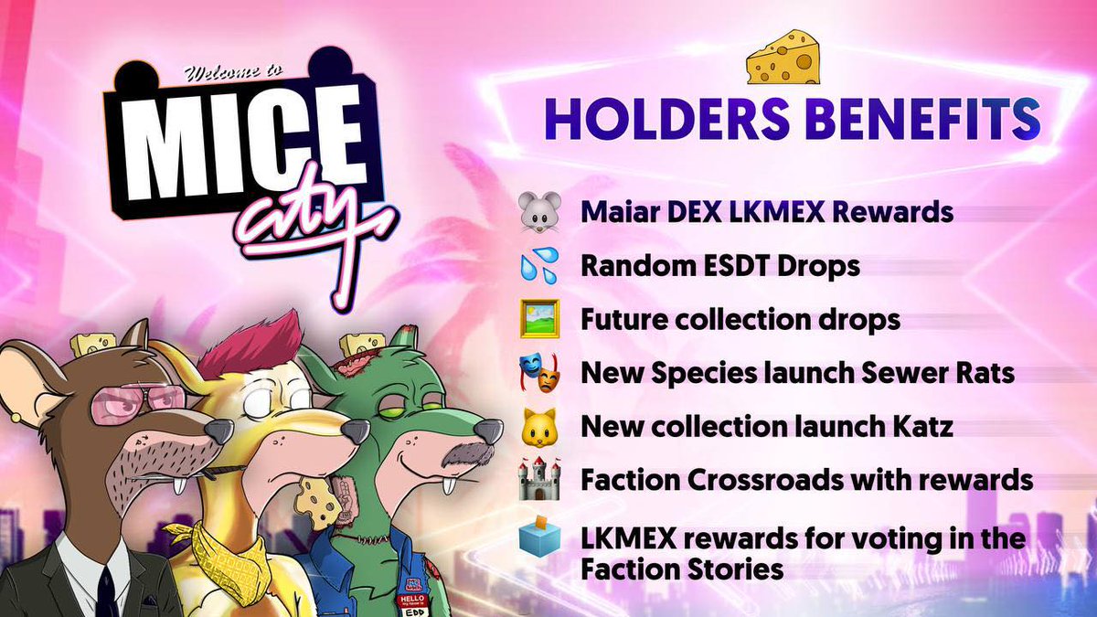 #MiceCity is here to expand our rich &amp; complex world for all our citizens!

This means REWARDING our🐭holders as our epic city grows!

Check out the awesome #BENEFITS #MiceCity has to offer!

Don't have a 🐭? Mint👇
bit.ly/3wWV5XJ

#NFT $EGLD #ElrondNFTs #NFTCommunity