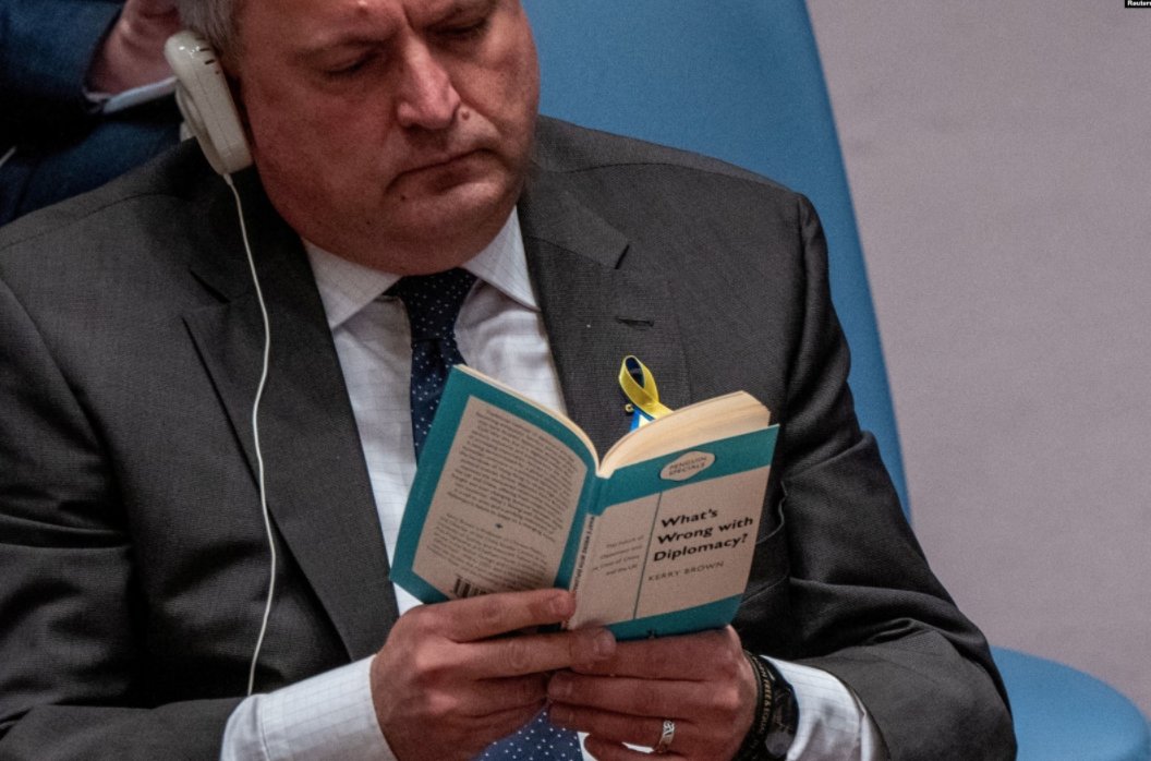 ukrainian ambassador to the u.n. during the russian ambassador’s speech.
book title: “what’s wrong with diplomacy?”