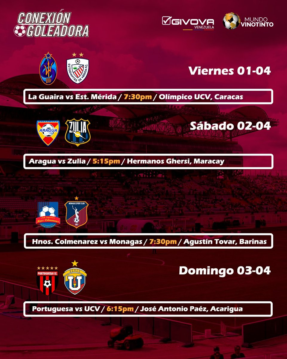 conexgoleadora's tweet photo. ¡LA PREVIA DE LA @LigaFUTVE ! 🙌🇻🇪

Como es costumbre, por acá te dejamos los horarios y partidos de la fecha 6️⃣ del fútbol venezolano. 🤩⚽

💬 Déjanos tus pronósticos 👀👇

📬La jornada de la #LigaFUTVE es cortesía de Givova Venezuela y @Mundo_Vinotint0 https://t.co/6WrEHC7hRD