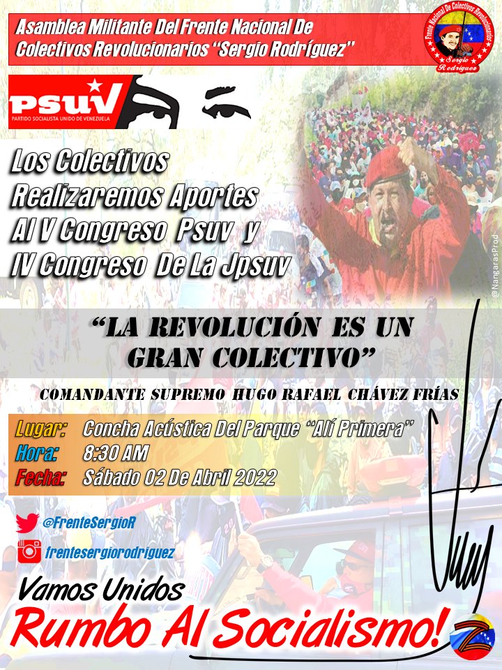 FrenteSergioR's tweet photo. Te esperamos camarada, en nuestra asamblea donde haremos nuestros aportes al V Congreso Psuv y IV Congreso Jpsuv 

Lugar: Concha acústica del parque "Alí Primera" (Gato Negro) 

Hora: 8:30 am. 

Fecha: Este Sábado 02 de Abril ¡Colectivos Revolucionarios https://t.co/bgt4JDGjxu