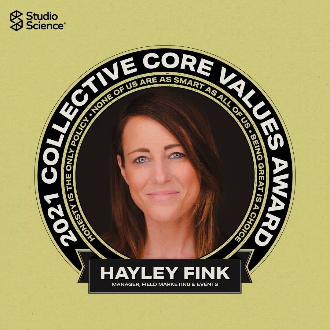 StudioScience's tweet photo. The Collective Core Values Award is not just about Honesty or Teamwork or Craft alone - our values work together to help us achieve our collective goals and inspire us to stay focused on achieving big things together. Hayley is our 2021 Collective Core Values Award Recipient! https://t.co/Rp4RHue2mw