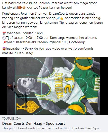 Help jij mee met het beschilderen van het basketbalveld aan de Toolenburgerplas !
Kom langs op zondag 3 april tussen  10.00-17.00 uur