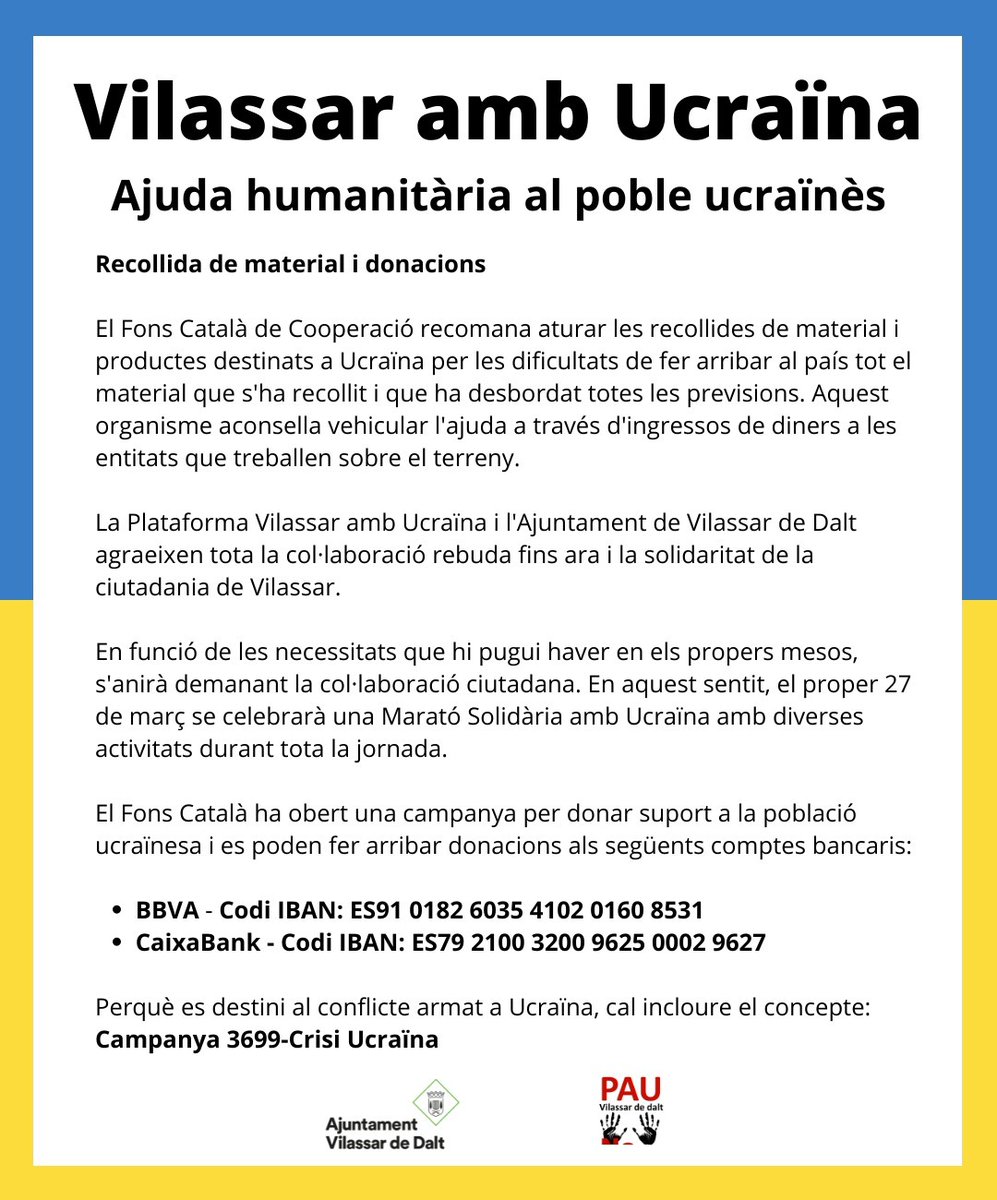 En el conjunt de les activitats de la Jornada Solidària de diumenge es van recaptar 3628,5€, que s'han aportat a BombersCAT x Ucraïna, Càrites i Fons CAT de Cooperació.
Gràcies a les entitats organitzadores i a tothom que hi va participar! 
Seguirem informant properes activitats