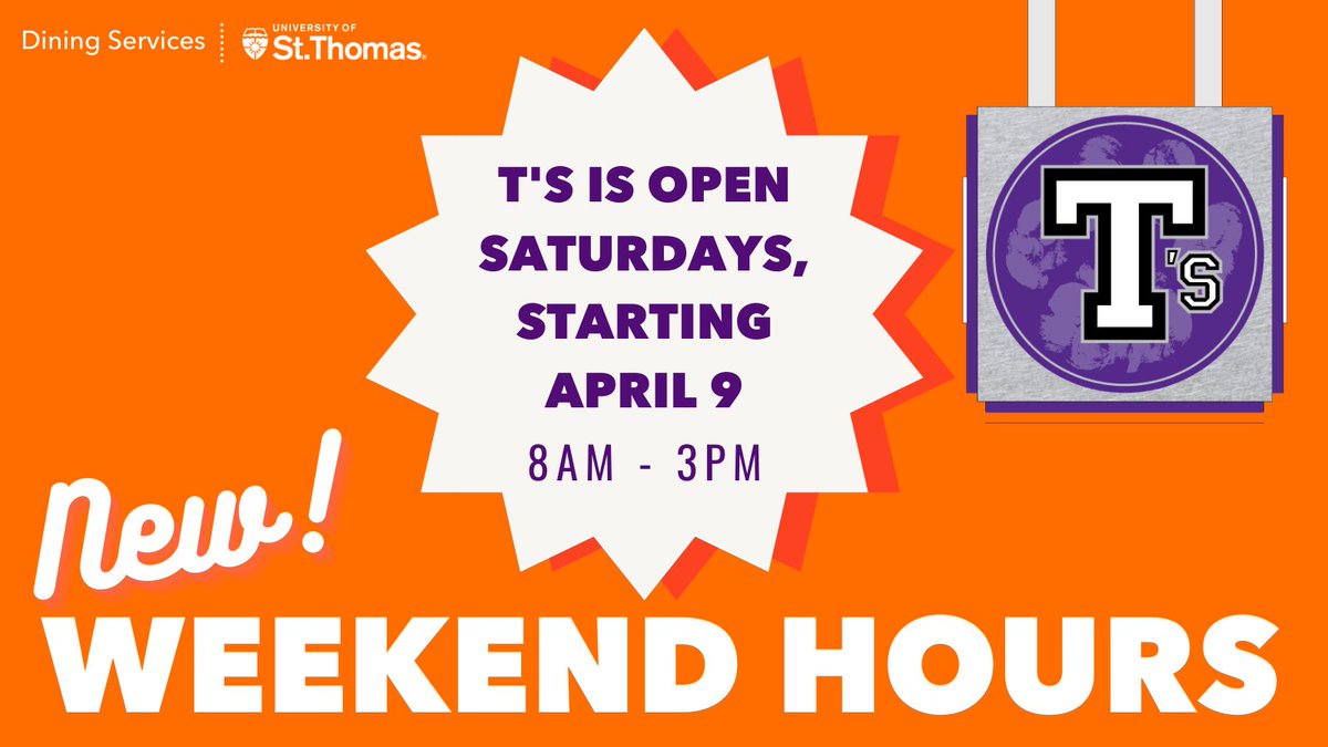 Expanded weekend hours coming soon! T's will be open on Saturdays from 8am to 3pm starting on April 9. Stop in for a delicious breakfast burrito, your favorite salad, or our famous chicken fingers.