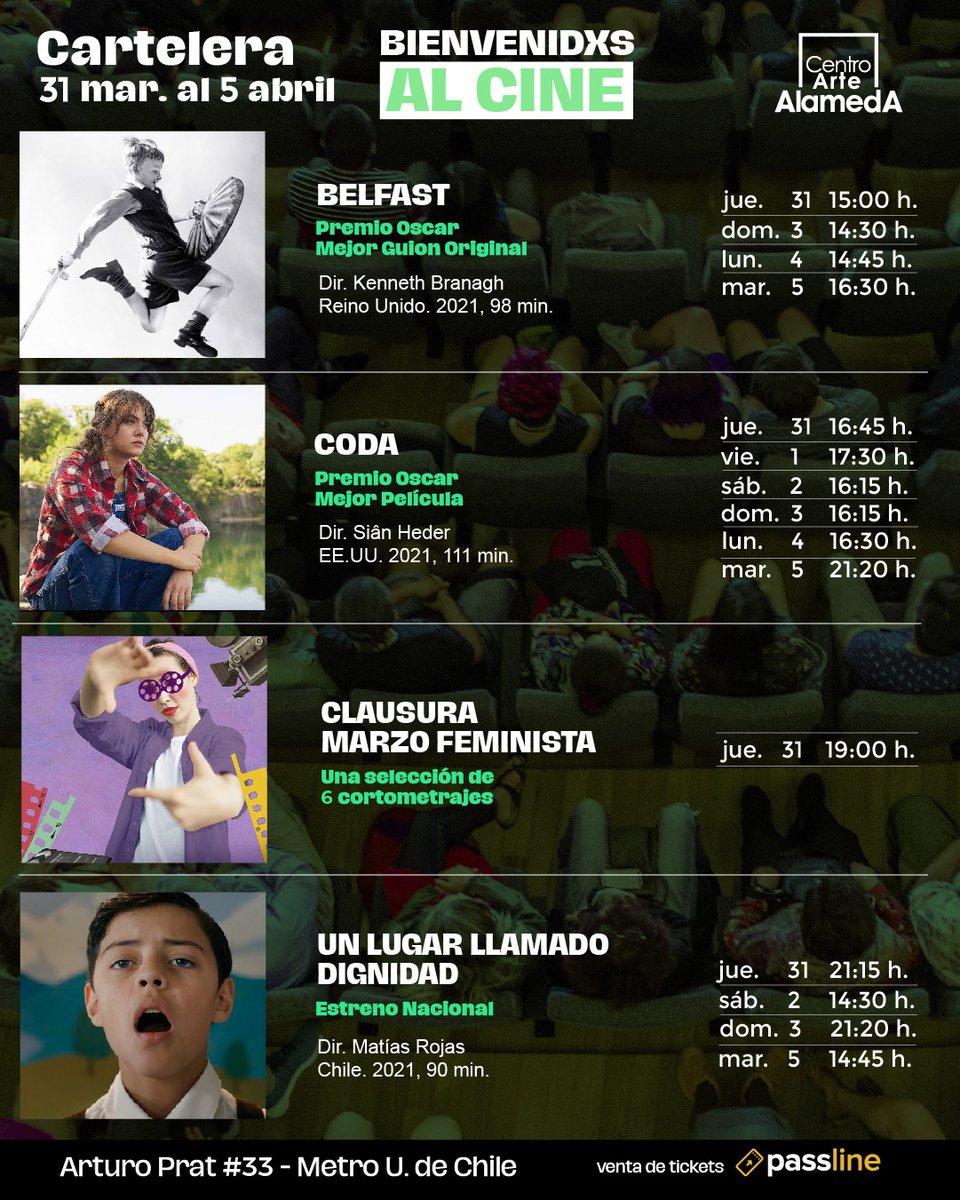 CineArteAlameda's tweet photo. 🎞️#CARTELERA #CINE #PRESENCIAL CENTRO ARTE ALAMEDA - SALA #CEINA #Oscars2022 
✅31/3 al 5/4 de marzo 2022
📍Arturo Prat 33, Santiago
🎟️https://t.co/bBMCotel7v

#CODA #BELFAST #DRIVEMYCAR #SummerOfSoulMovie #petitemaman #cinechileno #Oscars https://t.co/eyr7klEZ8N