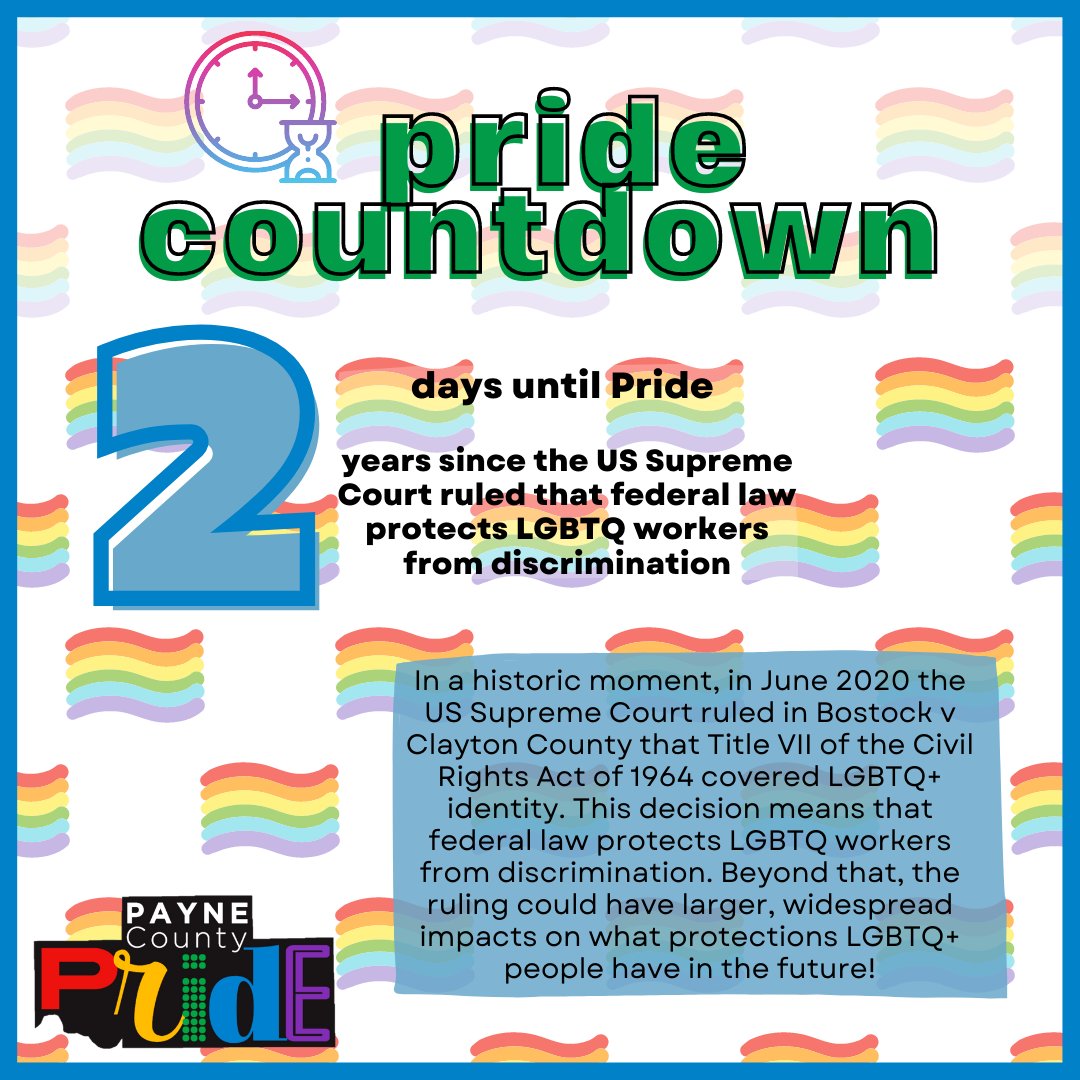 PayneCoPride's tweet photo. 2 days until pride &amp; 2 years since the Supreme Court ruled that LGBTQ+ workers are protected! Get engaged in your local LGBTQ+ rights work at the Payne County Pride Parade &amp; Festival April 2!⁠

#stillwaterok #paynecopride #okstate #visitstillwater⁠ https://t.co/Ny1T1qczLR
