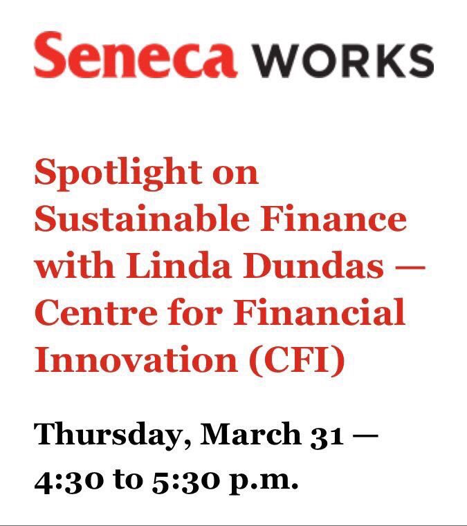 SenecaSLAFS's tweet photo. Final reminder that the Spotlight on Sustainable Finance event with guest Linda Dundas is today at 4:30 p.m.! 

https://t.co/u7uqhuUqdi https://t.co/YpVFBCiw47