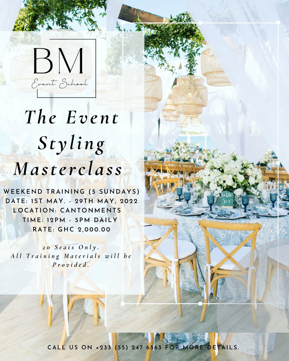 BongoIdeas_'s tweet photo. Do you want to be a professional event planner or stylist? 

Sign up now for the Event Styling Masterclass which is a combination of Event Planning &amp; Styling. 

Register &amp; secure your limited seat NOW.

Contact @bloommoments Or Call 0552476563 for more info. 

⁠Clink below 👇 https://t.co/T3Iv6qxht7