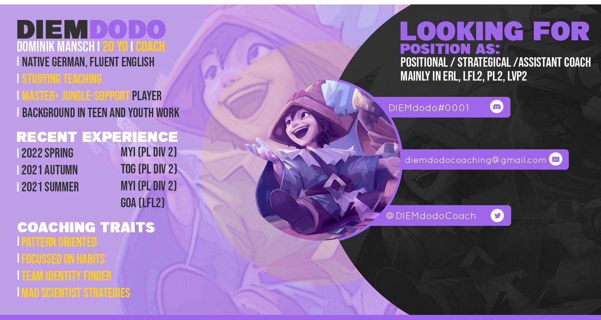 [LFT]

I am still under contract with <a href="/mYinsanityCH/">mYinsanity</a>, but they kindly allowed me to explore options for the upcoming summer split.

Mainly looking into offers in ERL, LFL2, PL2 and LVP2, however I will consider every option as a Pos./Strat./Ass. Coach.

Likes/RT appreciated!