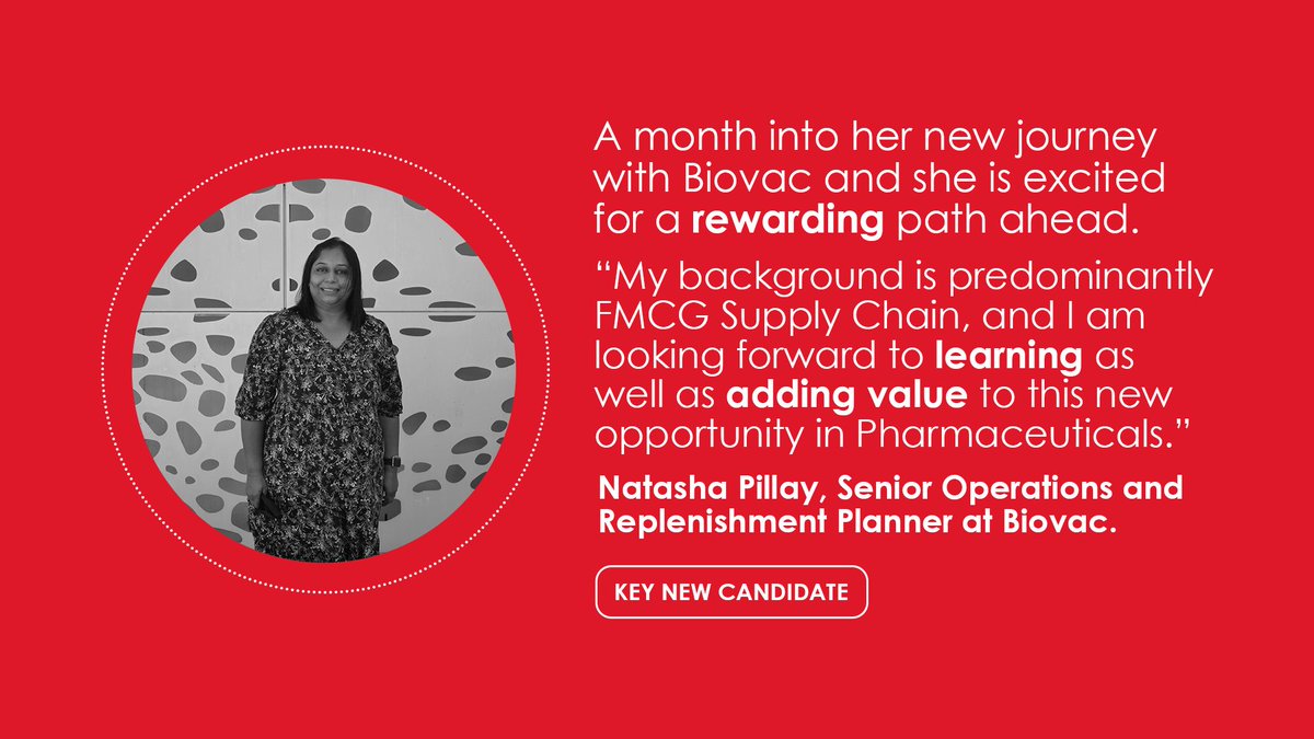 biovac_inst's tweet photo. π©πΌ "Suddenly, you just know it's time to start something new and trust the magic of beginnings." States Biovac's Senior Operations and Replenishment Planner and Key New Candidate, Natasha Pillay.
#ProudlyBiovac #TeamBiovac #KeyNewCandidate https://t.co/zBQ0Clbew3