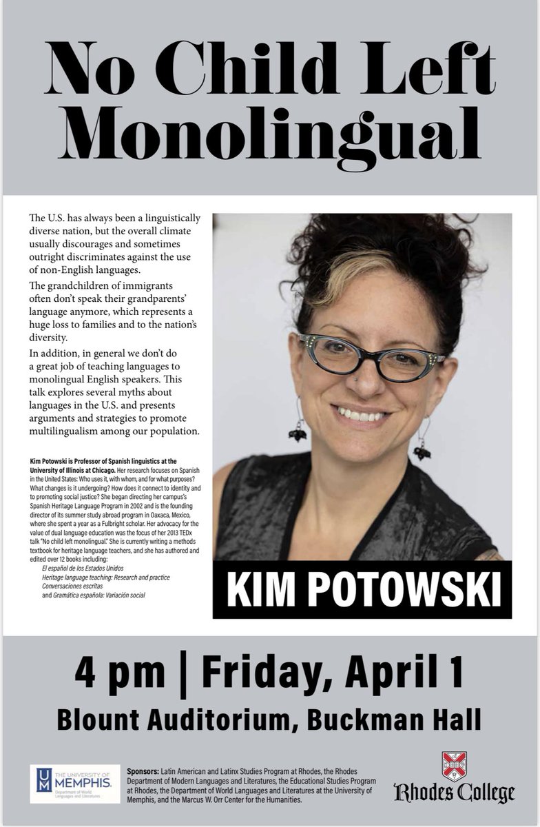 Check out what’s happening at #RhodesCollege tomorrow afternoon! Will we see you there? #ESLis901 #nochildleftmonolingual #kimpotowski