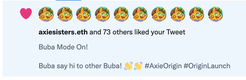 nixeniego's tweet photo. Axie community is the best! BUBA EVERYWHERE!
You're all amazing... π
This level of support is what makes everything worth it.
Let's all win together! β€οΈπ€ #AxieOrigin #OriginLaunchWeek #BubaSupremacy #WeAreAllBuba https://t.co/Q69oRNXkZ7