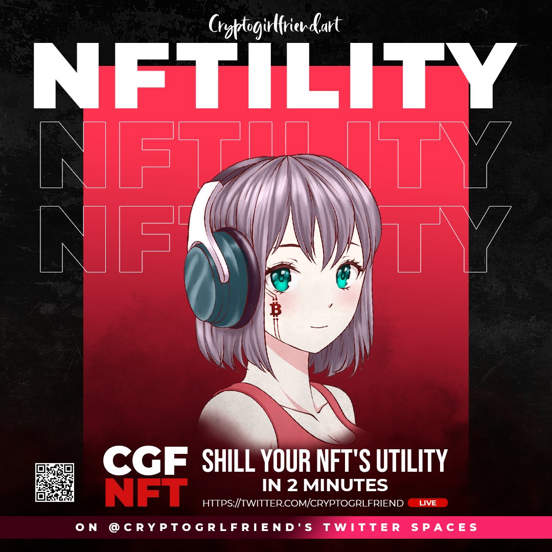 CryptoGrlfriend's tweet photo. Don't miss today's #NFTility at 3pm PST / 10pm UTC.
Come #shill your #NFT Utility in 2 mins before you are buzzed off the stage.
30 min show.
https://t.co/bgLyKN3mVj https://t.co/QUi8XjJbur
