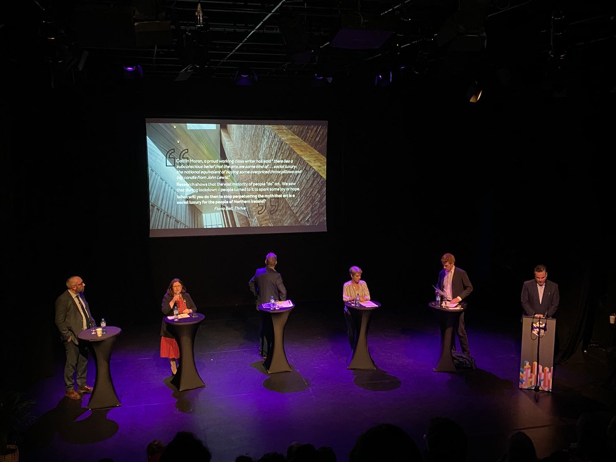 mwadvocate's tweet photo. @mikenesbittni, @Kelmba and @ClareBaileyGPNI are the first up to answer an audience member’s question - What will you do to stop perpetuating the myth that art is a social luxury? #macqt https://t.co/ew9uT2SwDp