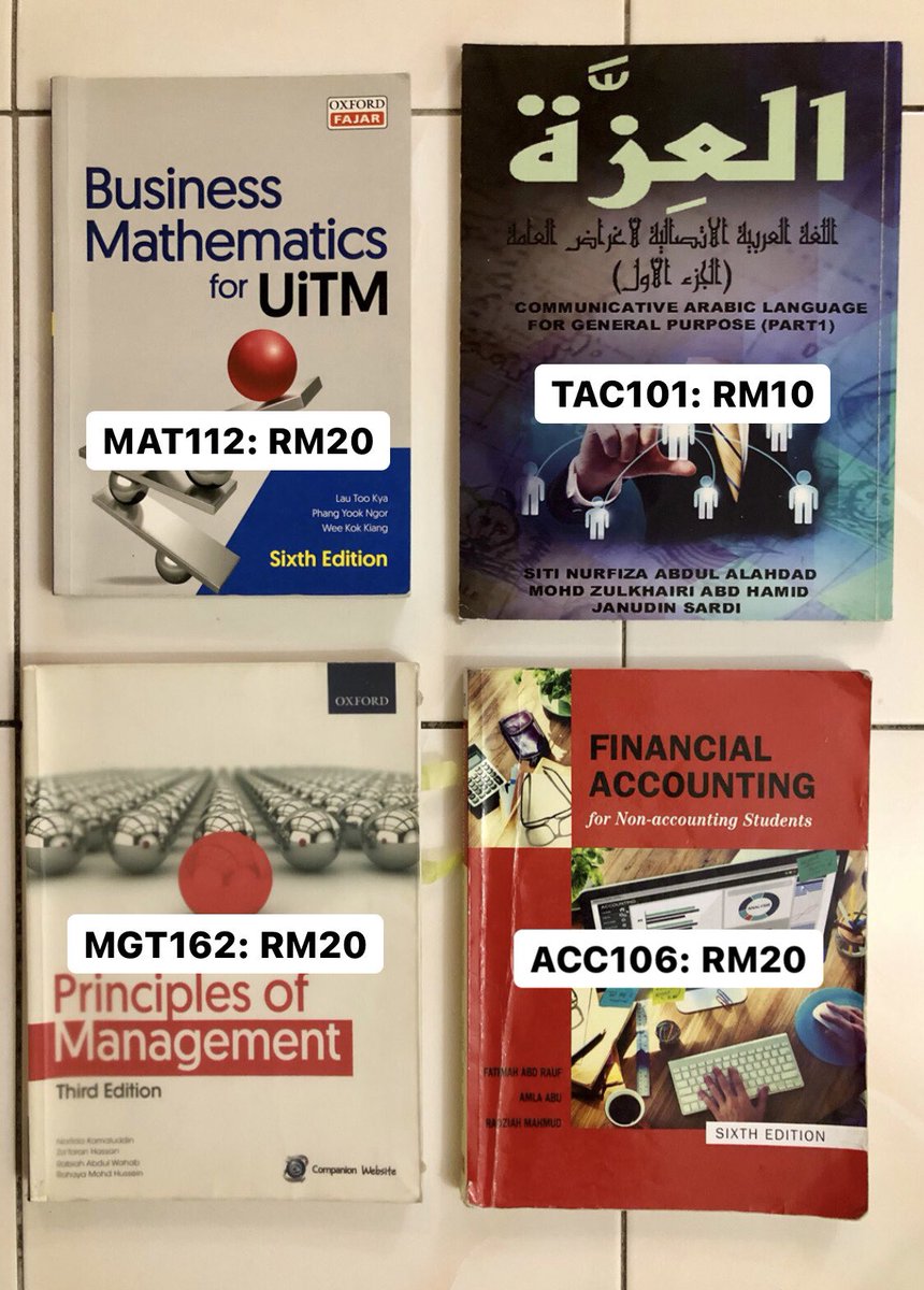 khaismail01's tweet photo. Hello guys! Yang mana tengah cari buku especially for student UiTM in this subject, boleh roger ye😉 Price exclude postage ye🙌🏻
- MAT112
- TAC101
- MGT162
- ACC106
- ECO162/ECO211
- QMT181
- TAC151
- MKT243
- TPT250
- MGT345
- LAW299 https://t.co/73MLqFDBfk