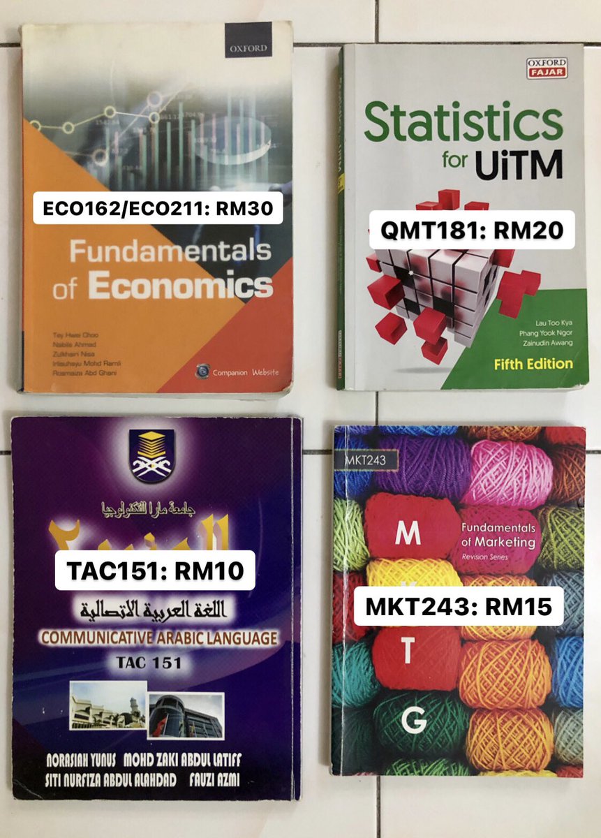 khaismail01's tweet photo. Hello guys! Yang mana tengah cari buku especially for student UiTM in this subject, boleh roger ye😉 Price exclude postage ye🙌🏻
- MAT112
- TAC101
- MGT162
- ACC106
- ECO162/ECO211
- QMT181
- TAC151
- MKT243
- TPT250
- MGT345
- LAW299 https://t.co/73MLqFDBfk
