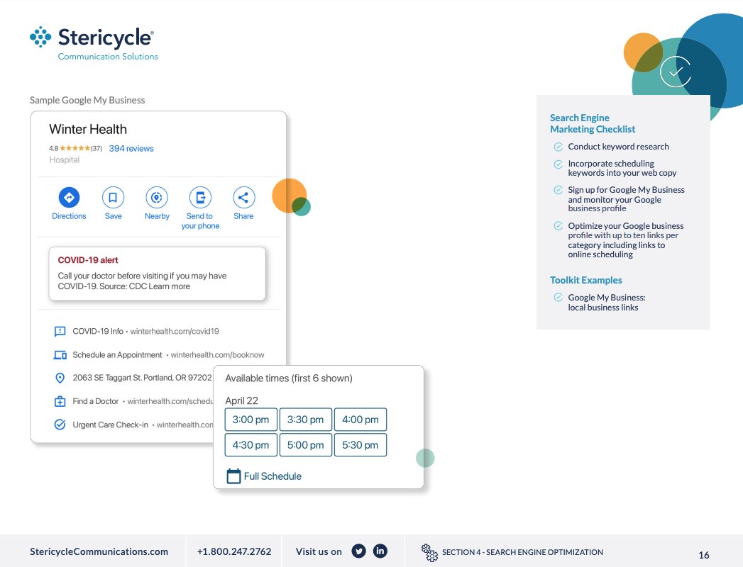 sergey_alakov's tweet image. Stericycle - one of Google&apos;s medical appointment scheduling partners published a marketing guide and has this sample screenshot included. 

Have we seen &quot;urgent care check-in&quot; and &quot;find a doctor&quot; before? Or it&apos;s a glimpse of what&apos;s coming? @mblumenthal @rustybrick