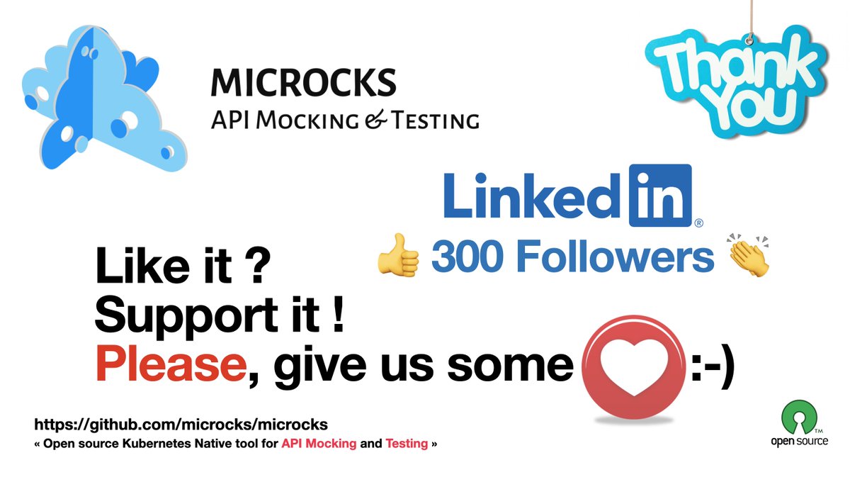 🙌 Kudos to our community & amazing new users for this new milestone: 300 followers on LinkedIn 🎉 Congrats to Thomas von Polheim #300 💪 

Like it? Support it! Please give us some love: linkedin.com/company/microc…, here or on GitHub: github.com/microcks/micro…