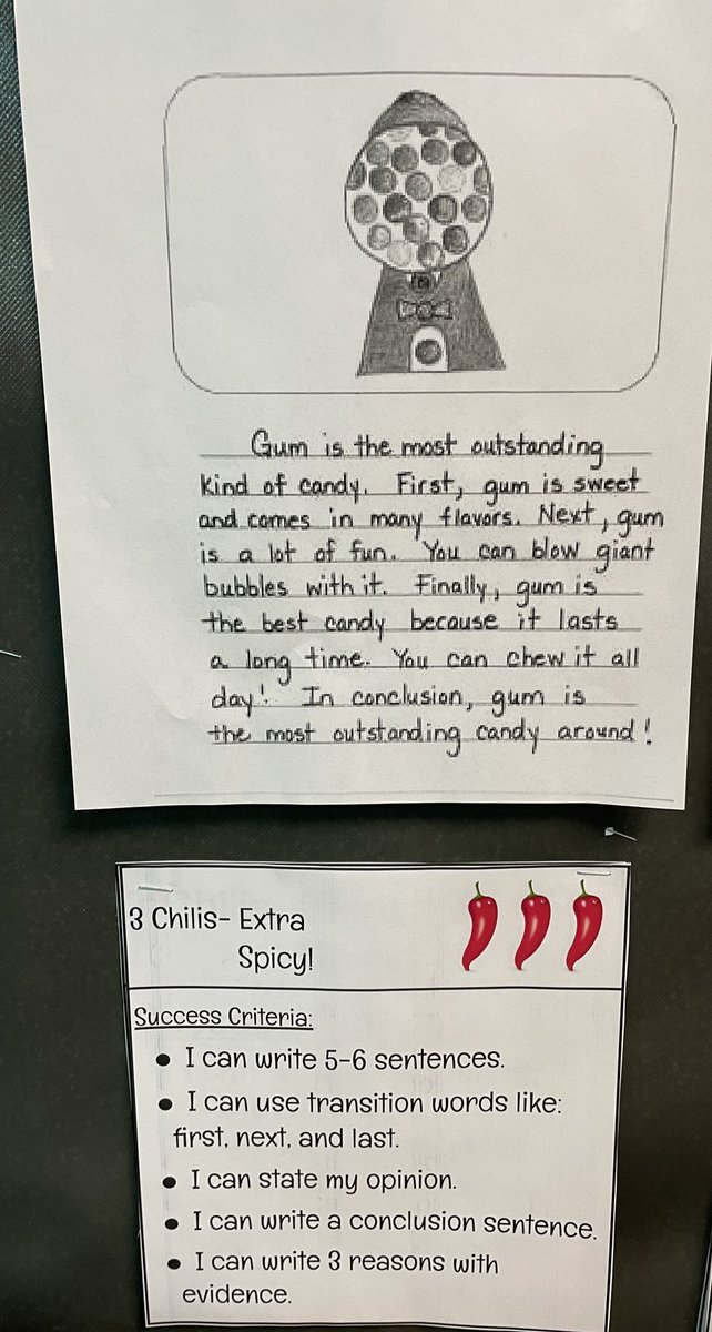 misssriddle's tweet photo. Ss co-constructed our opinion writing progressions today! They looked at each piece of writing and wrote down what they noticed. We discussed and created our writing chilis 🌶 @KBElementary #lpsleads https://t.co/w7gz3cV5Yu