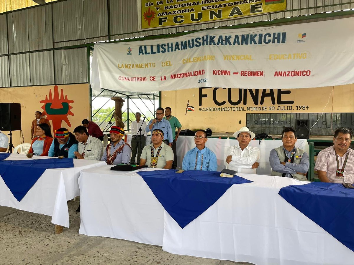 confeniae1's tweet photo. En la provincia de Orellana sede de FCUNAE se realiza el acto de lanzamiento del calendario educativo vivencial con la participación de dirigentes de las nacionalidades y el Consejo de Gobierno de la Confeniae conjuntamente con el #SESEIB https://t.co/zCnzToopdr