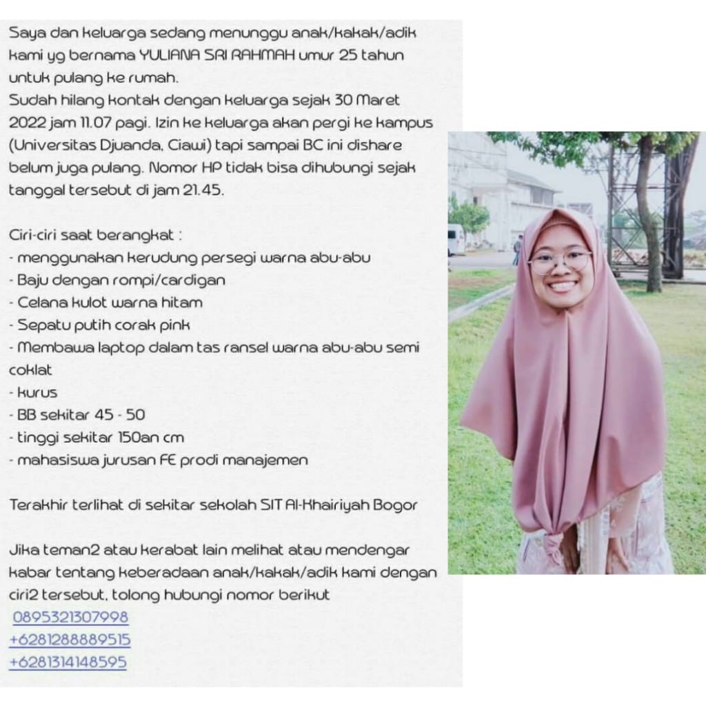 rubyrdn's tweet photo. assalamualaikum tmn2 semua, mohon bantuannya ya. ini tmnku udh gada kabar dari kmrn dan smp skrg gabisa dihubungi. bantu share barangkali ada yg ketemu sm dia, dan mohon doanya smg tmnku bisa pulang ke rmh dgn keadaan selamat sehat walafiat. https://t.co/bAJJatPKdH
