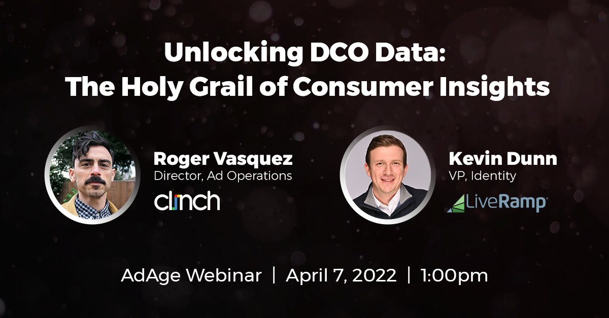 Clinch_USA's tweet photo. Join Roger Vasquez and Kevin Dunn for this informative session on leveraging creative engagement data to build better strategies and find new audiences. https://t.co/V4feyP5OeJ #personalizationeverywhere https://t.co/VvjLyjyd8y