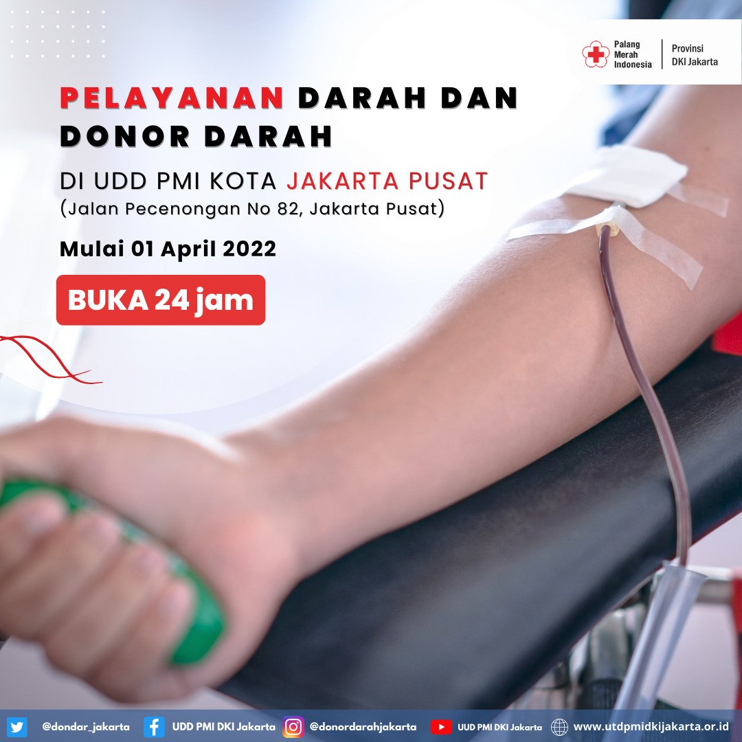 By <a href="/dondar_jakarta/">UDD PMI DKI Jakarta</a>: Hi #SobatDonor📢📢
Ada info menarik nih..
Mulai 01 April 2022 besok Pelayanan Darah dan Donor Darah di UDD Kota Jakarta Pusat, Jalan Pecenongan No 82, Jakarta Pusat sudah 24 Jam lho✨
Jadi teman-teman bisa kapan saja untuk Donor Darah..