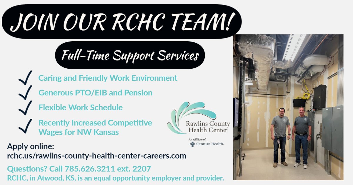 Are you looking for a career that provides work/life balance in a friendly atmosphere, helping your co-workers &amp; community members? Did we mention a very competitive wage scale, generous PTO/EIB, and pension?
Look no more! 
Apply at rchc.us/rawlins-county… 
#healthcare #jobsearch